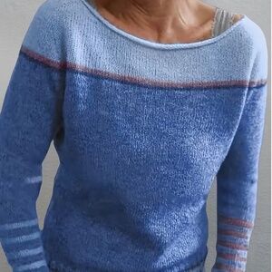Blue viscose sweater with rolled edges and striped sleeves, medium, $40.